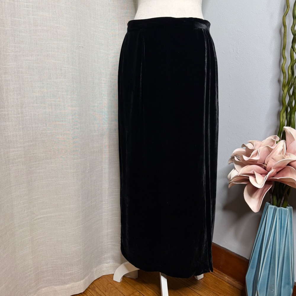 Vintage Talbots Velvet Skirt Silk Blend Black Midi Pencil Slit Women's Size 12